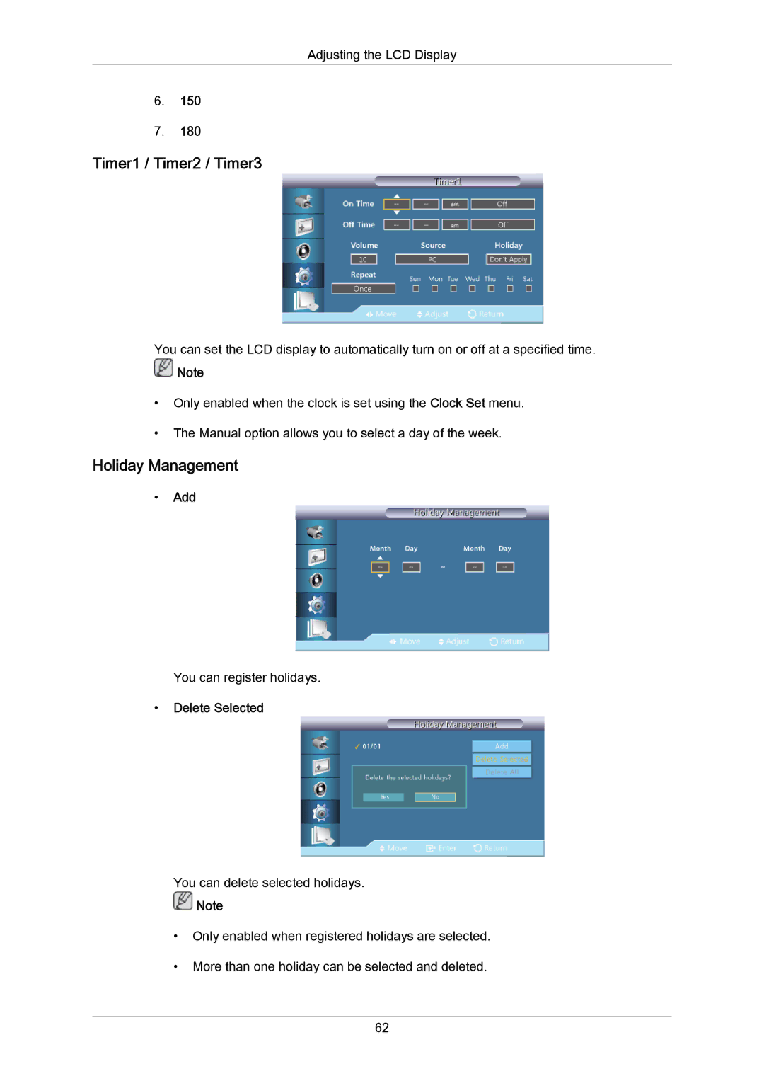 Samsung 460UTN-B, 460UTN-2, 460UT-B, 460UT-2 user manual Timer1 / Timer2 / Timer3, Holiday Management, Add, Delete Selected 