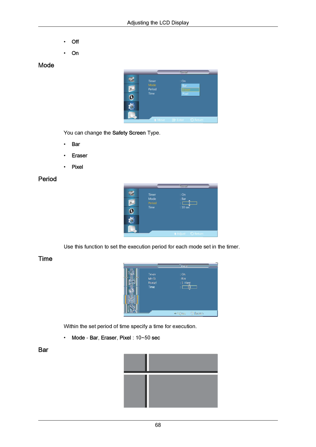 Samsung 460UT-B, 460UTN-B, 460UTN-2, 460UT-2 user manual Period, Bar Eraser Pixel, Mode Bar, Eraser, Pixel 10~50 sec 