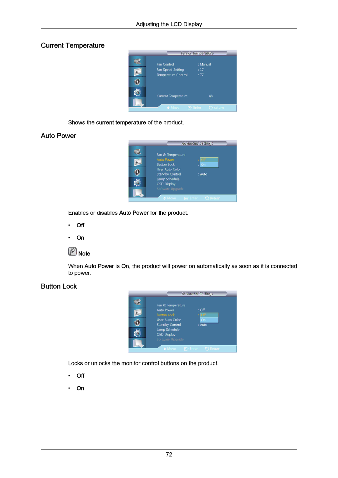 Samsung 460UT-B, 460UTN-B, 460UTN-2, 460UT-2 user manual Current Temperature, Auto Power, Button Lock 