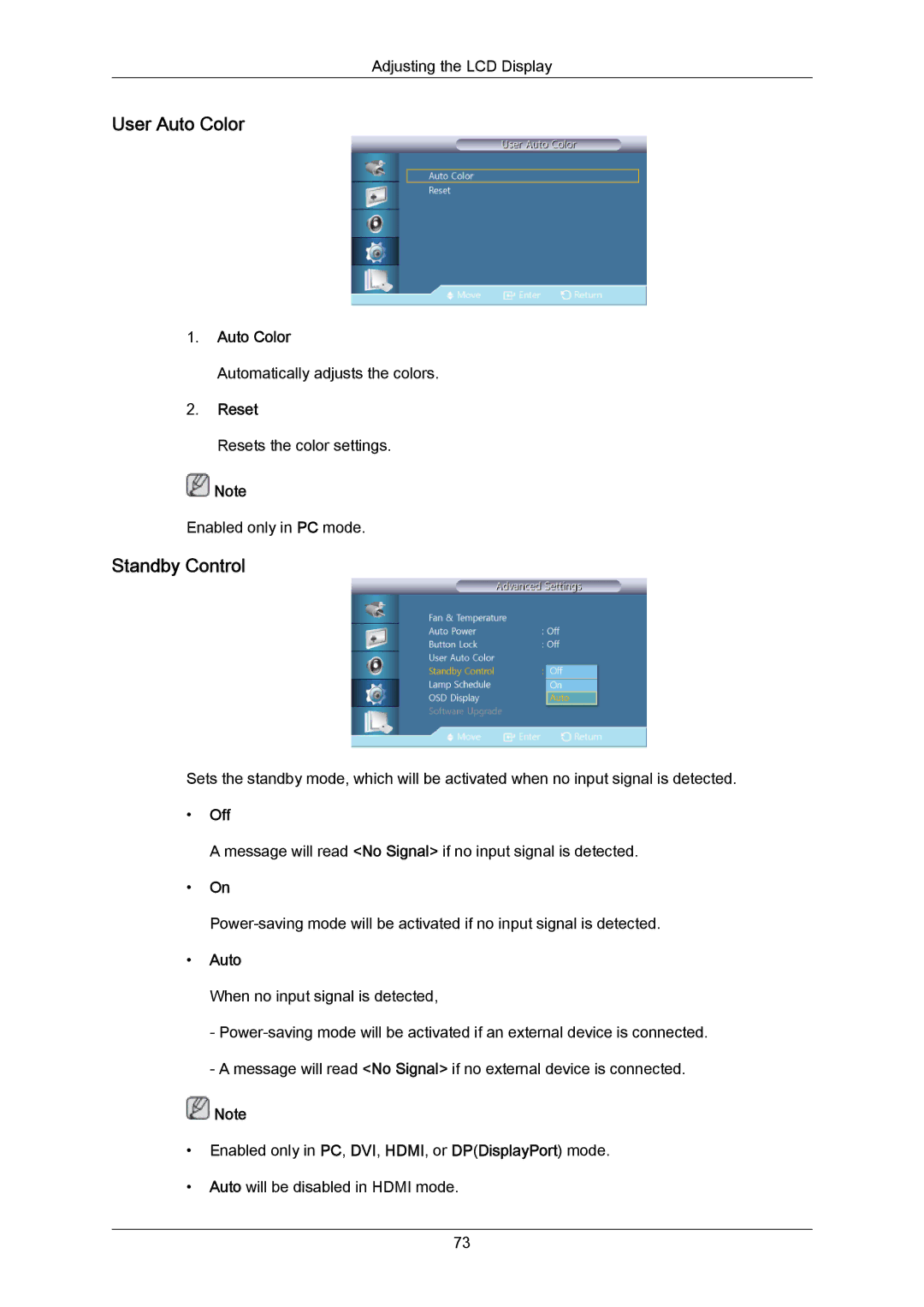 Samsung 460UT-2, 460UTN-B, 460UTN-2, 460UT-B user manual User Auto Color, Standby Control, Reset 