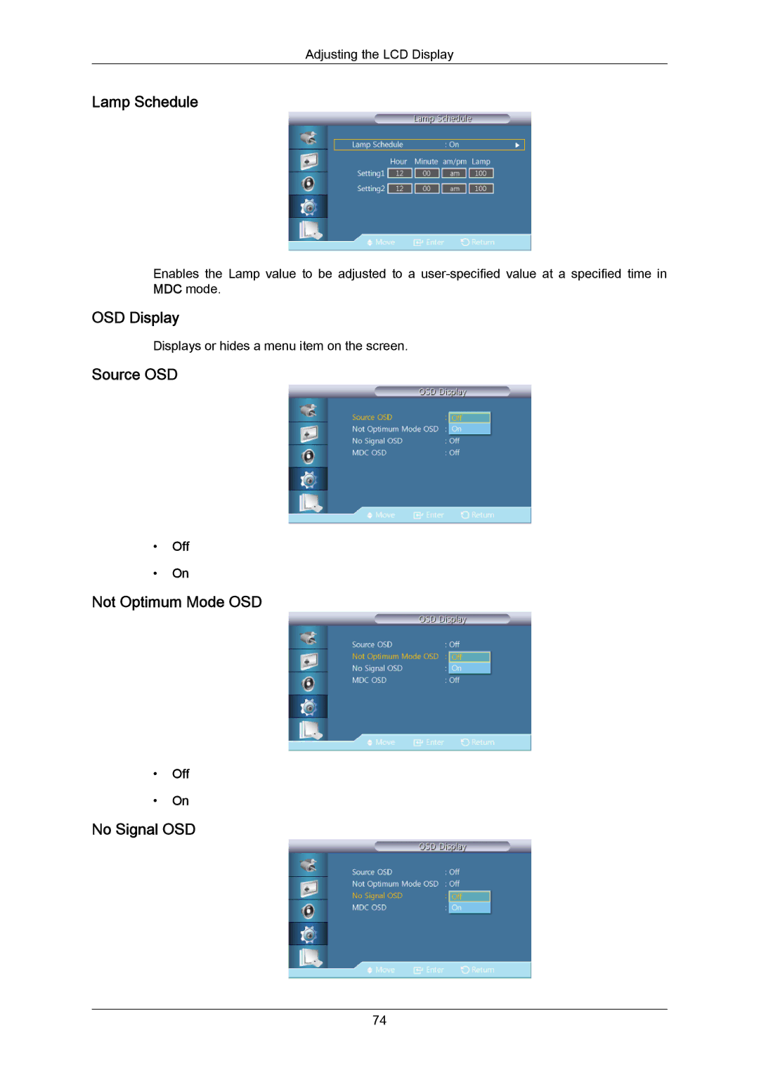 Samsung 460UTN-B, 460UTN-2, 460UT-B, 460UT-2 Lamp Schedule, OSD Display, Source OSD, Not Optimum Mode OSD, No Signal OSD 