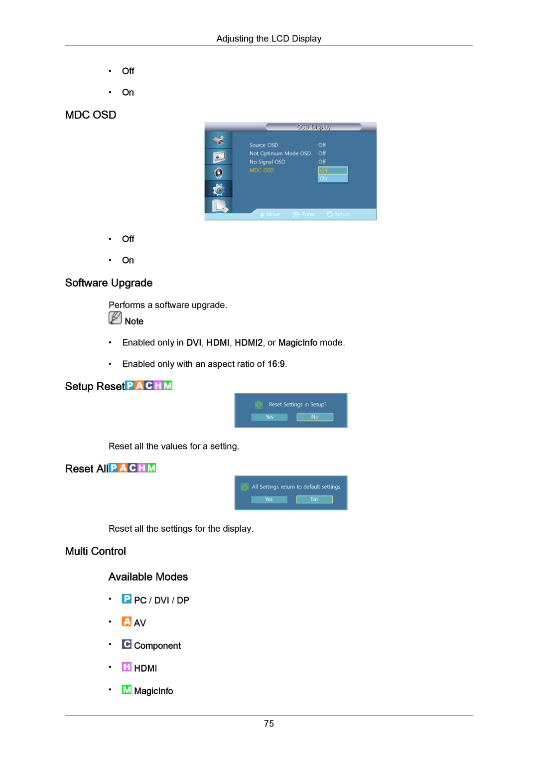 Samsung 460UTN-2, 460UTN-B, 460UT-B, 460UT-2 Software Upgrade, Setup Reset, Reset All, Multi Control Available Modes 