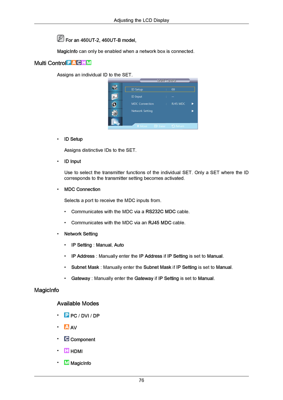 Samsung 460UT-B, 460UTN-B, 460UTN-2, 460UT-2 Multi Control, MagicInfo Available Modes, ID Setup, ID Input, MDC Connection 