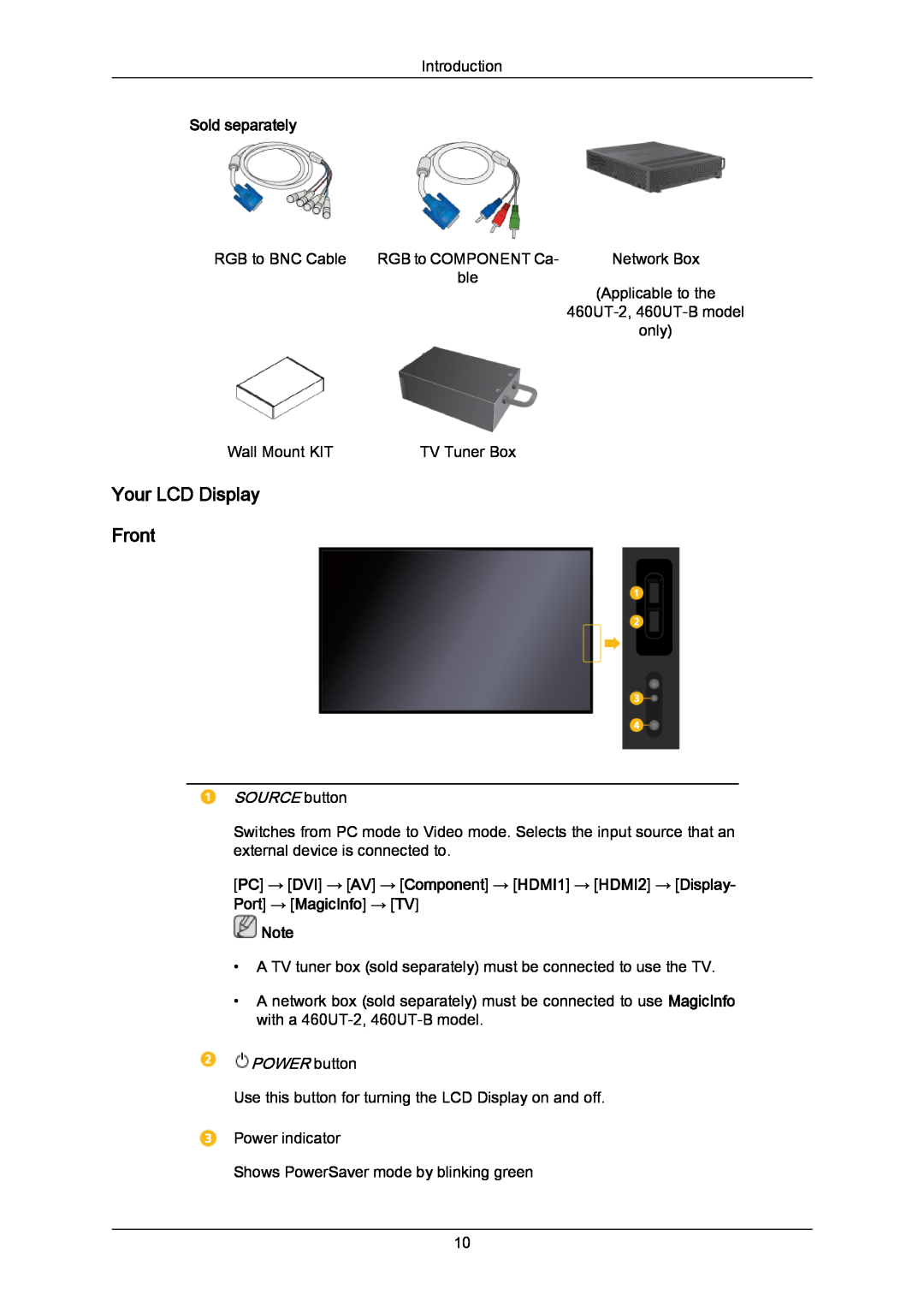 Samsung 460UT-2, 460UTN-B, 460UTN-2, 460UT-B user manual Your LCD Display Front, Sold separately, SOURCE button, POWER button 