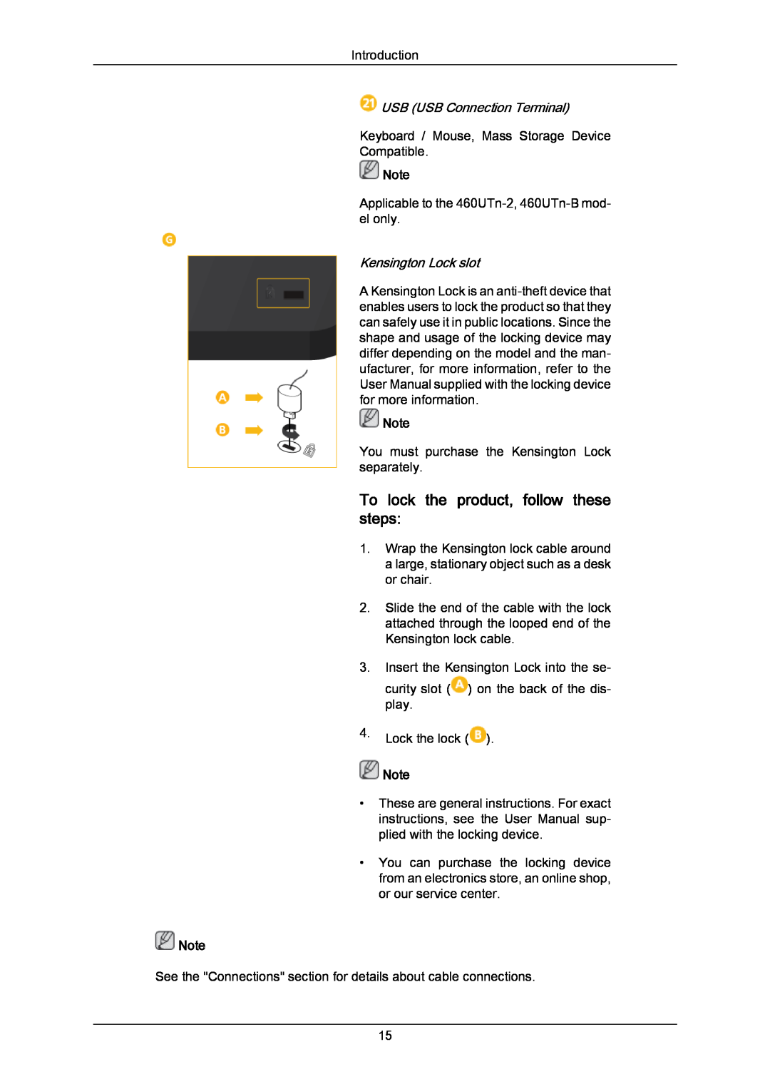 Samsung 460UTN-B, 460UTN-2 To lock the product, follow these steps, USB USB Connection Terminal, Kensington Lock slot 