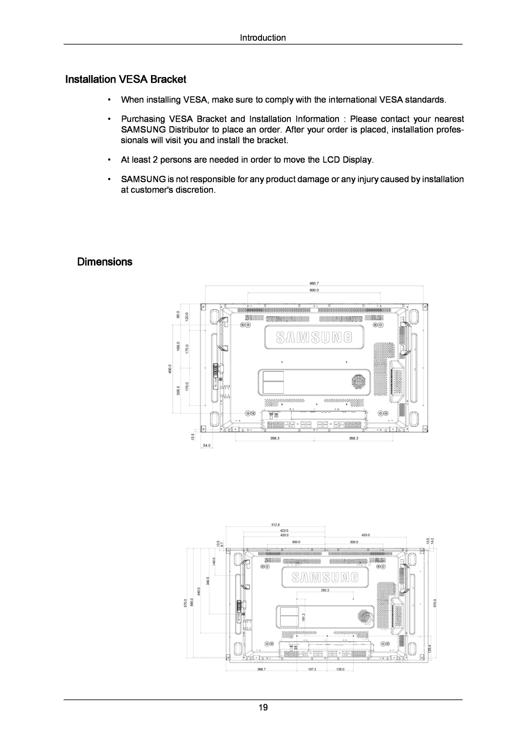 Samsung 460UTN-B, 460UTN-2, 460UT-B, 460UT-2 user manual Installation VESA Bracket, Dimensions 