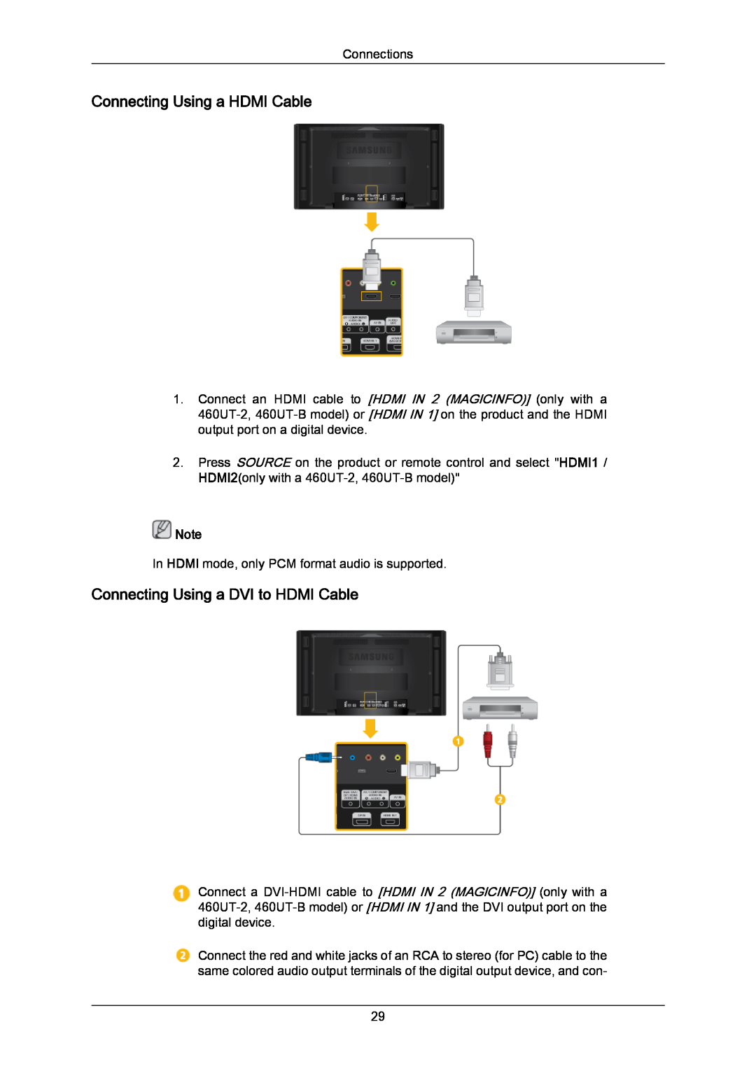Samsung 460UT-B, 460UTN-B, 460UTN-2, 460UT-2 user manual Connecting Using a HDMI Cable, Connecting Using a DVI to HDMI Cable 