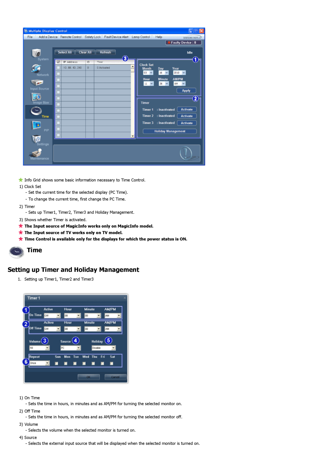 Samsung 460UTN-B, 460UTN-2, 460UT-B, 460UT-2 user manual Time Setting up Timer and Holiday Management 