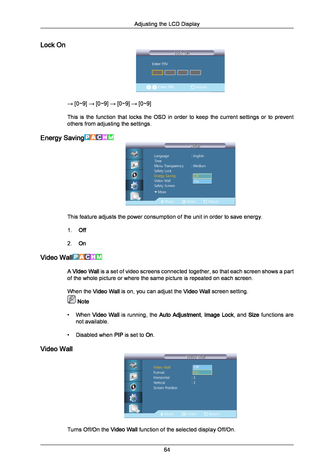 Samsung 460UT-B, 460UTN-B, 460UTN-2, 460UT-2 user manual Lock On, Energy Saving, Video Wall, Off 2. On 
