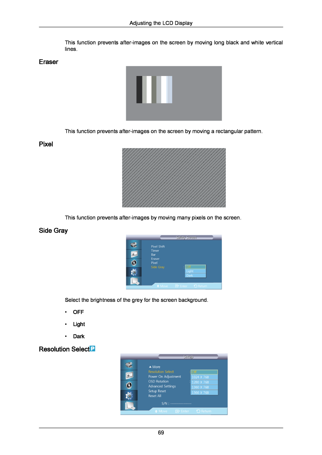 Samsung 460UT-2, 460UTN-B, 460UTN-2, 460UT-B user manual Eraser, Pixel, Side Gray, Resolution Select, OFF Light Dark 