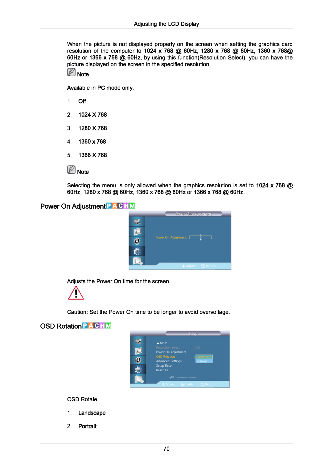 Samsung 460UTN-B Power On Adjustment, OSD Rotation, Off 2. 1024 X 3. 1280 X 4. 1360 x 5. 1366 X, Landscape 2. Portrait 