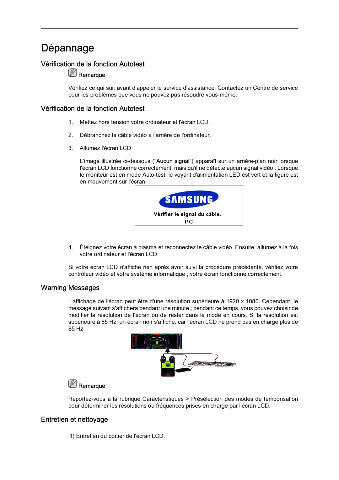 Samsung 460UTN-B, 460UTN-2, 460UT-B quick start Vérification de la fonction Autotest, Entretien et nettoyage 