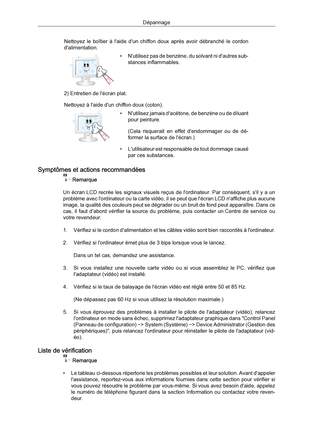 Samsung 460UTN-2, 460UTN-B, 460UT-B quick start Symptômes et actions recommandées, Liste de vérification 