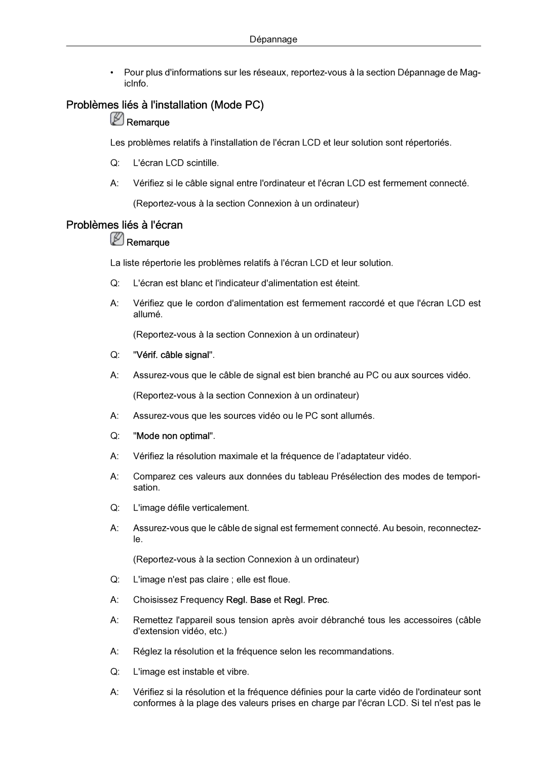 Samsung 460UT-B, 460UTN-B, 460UTN-2 quick start Problèmes liés à linstallation Mode PC, Problèmes liés à lécran 