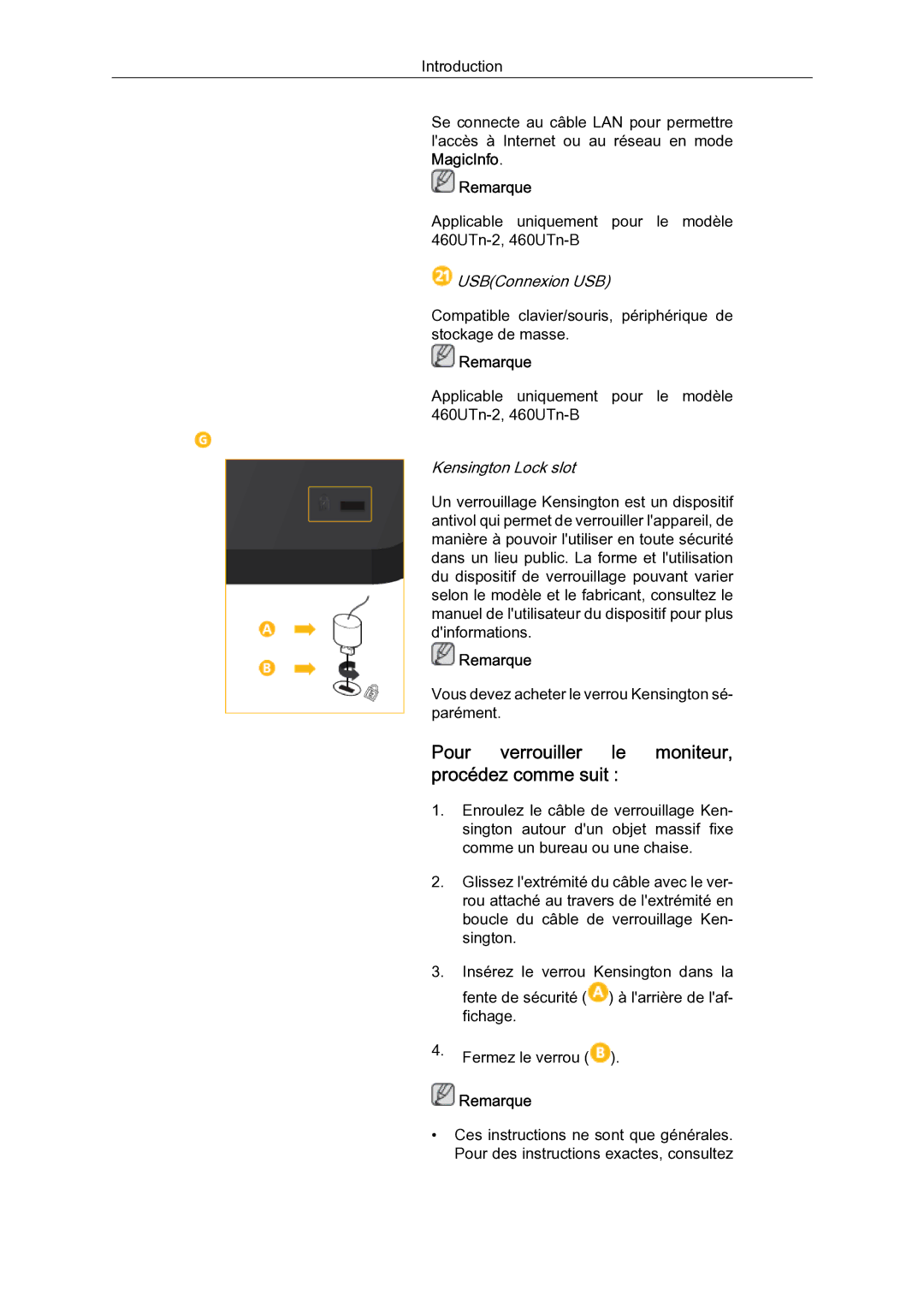 Samsung 460UTN-B, 460UTN-2, 460UT-B quick start Pour verrouiller le moniteur, procédez comme suit, Kensington Lock slot 