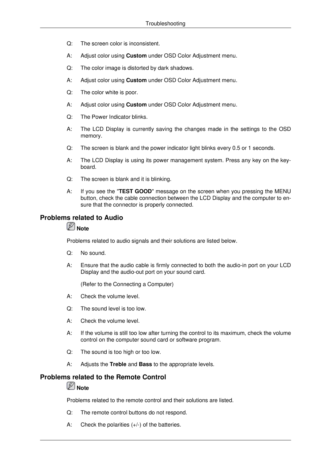 Samsung 400UX-2, 460UX-2, 460UXN-2, 400UXN-2 user manual Problems related to Audio, Problems related to the Remote Control 