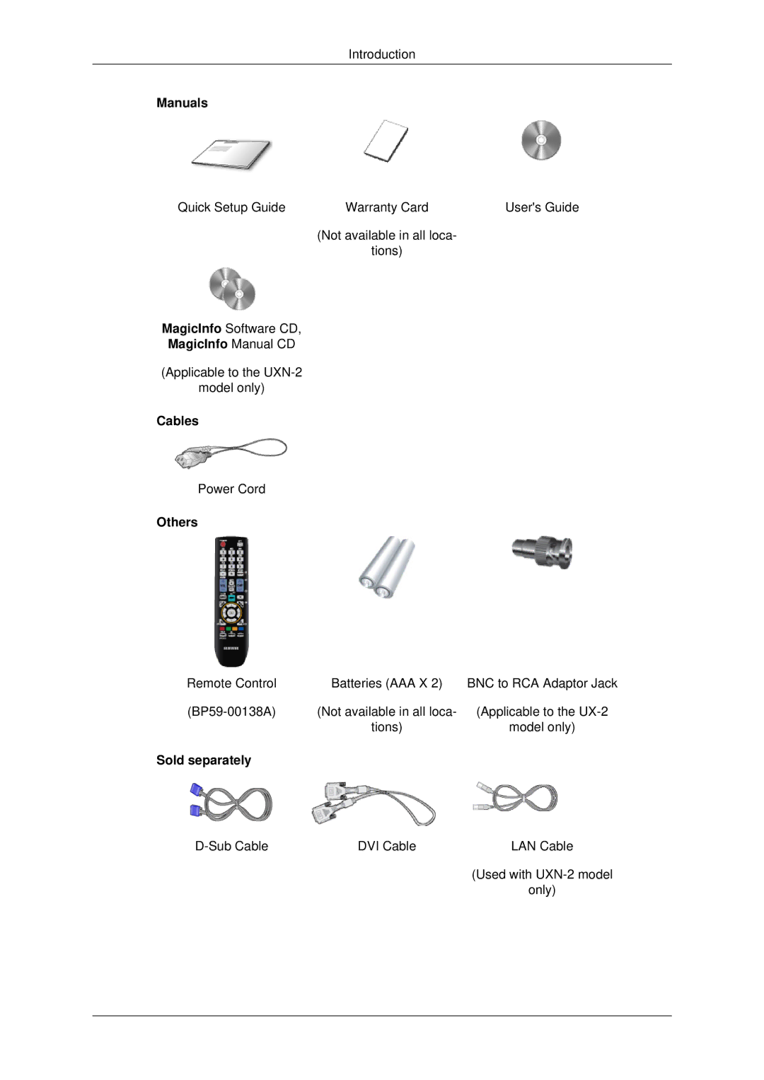 Samsung 400UXN-2, 460UX-2, 460UXN-2, 400UX-2 user manual Manuals, MagicInfo Manual CD, Cables, Others, Sold separately 