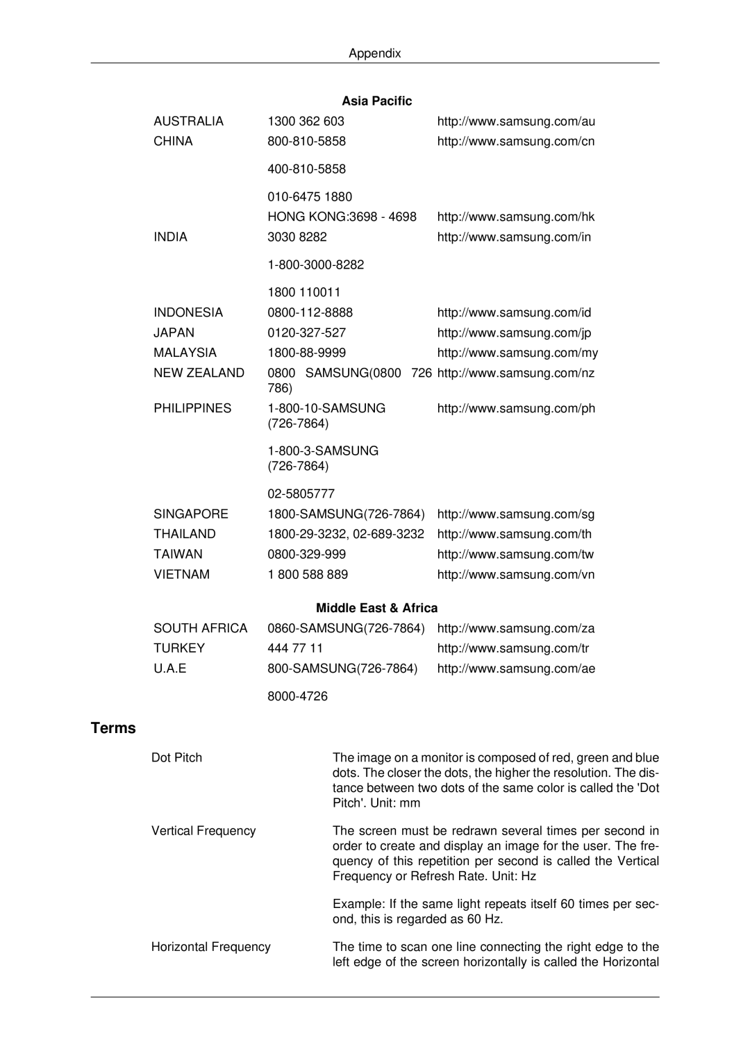 Samsung 460UX-2, 460UXN-2, 400UX-2, 400UXN-2 user manual Terms, Asia Pacific, Middle East & Africa 