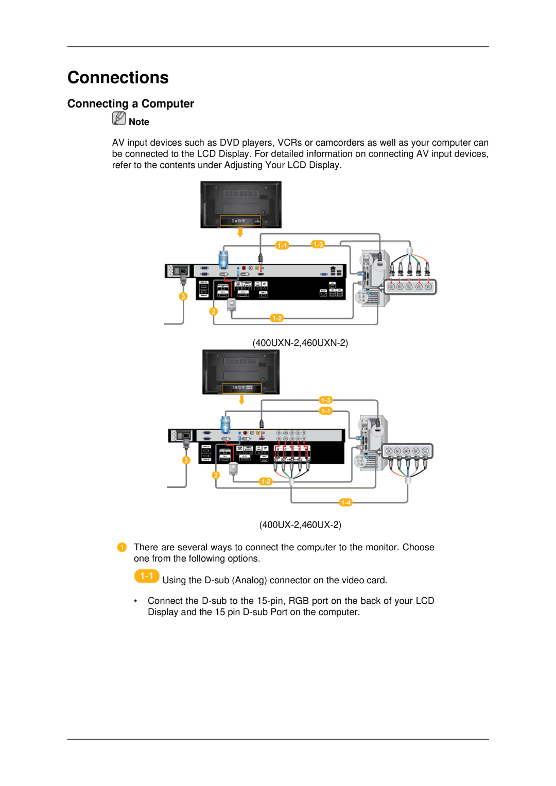 Samsung 460UXN-2, 460UX-2, 400UX-2, 400UXN-2 user manual Connections, Connecting a Computer 