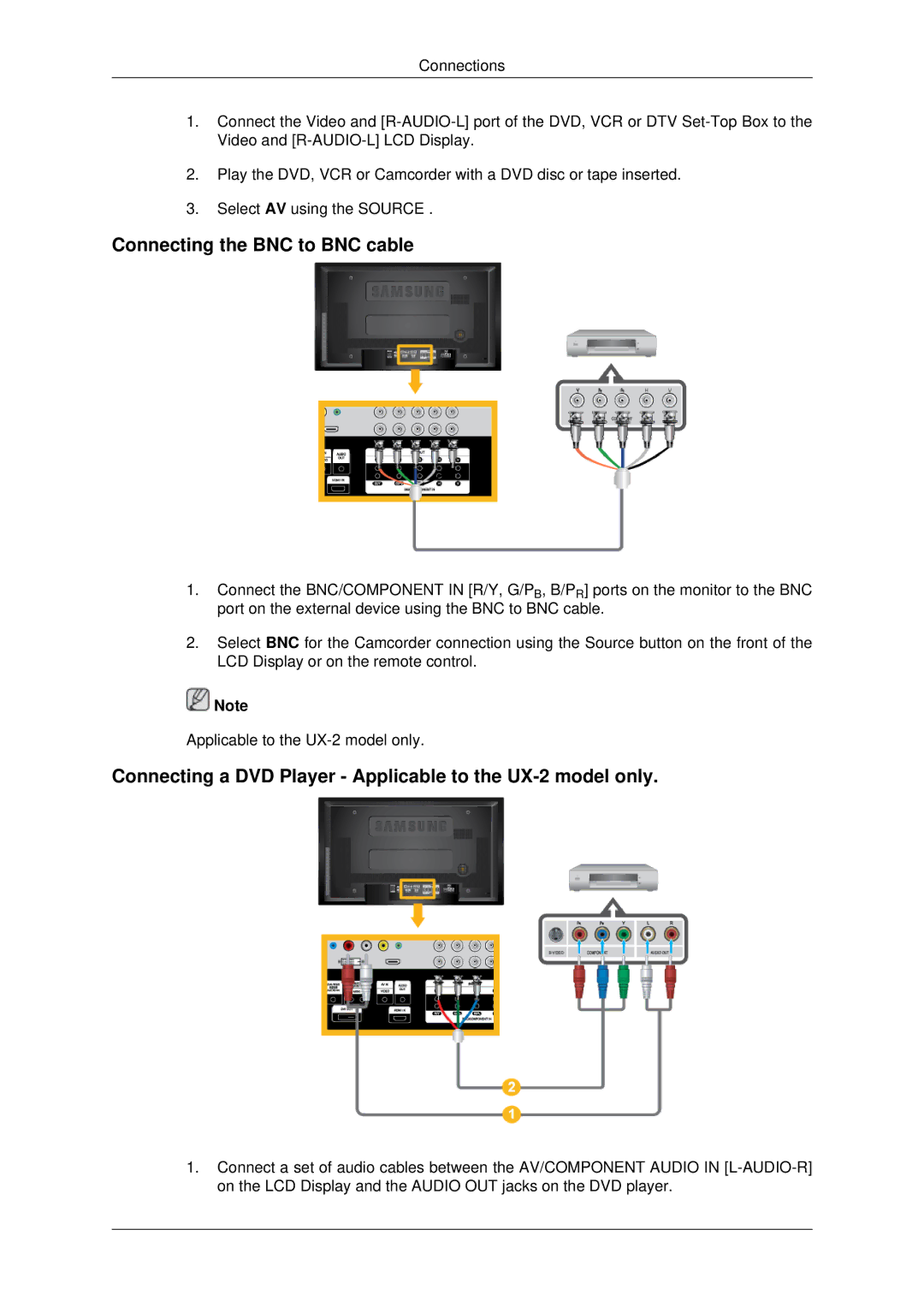 Samsung 460UX-2, 460UXN-2 Connecting the BNC to BNC cable, Connecting a DVD Player Applicable to the UX-2 model only 