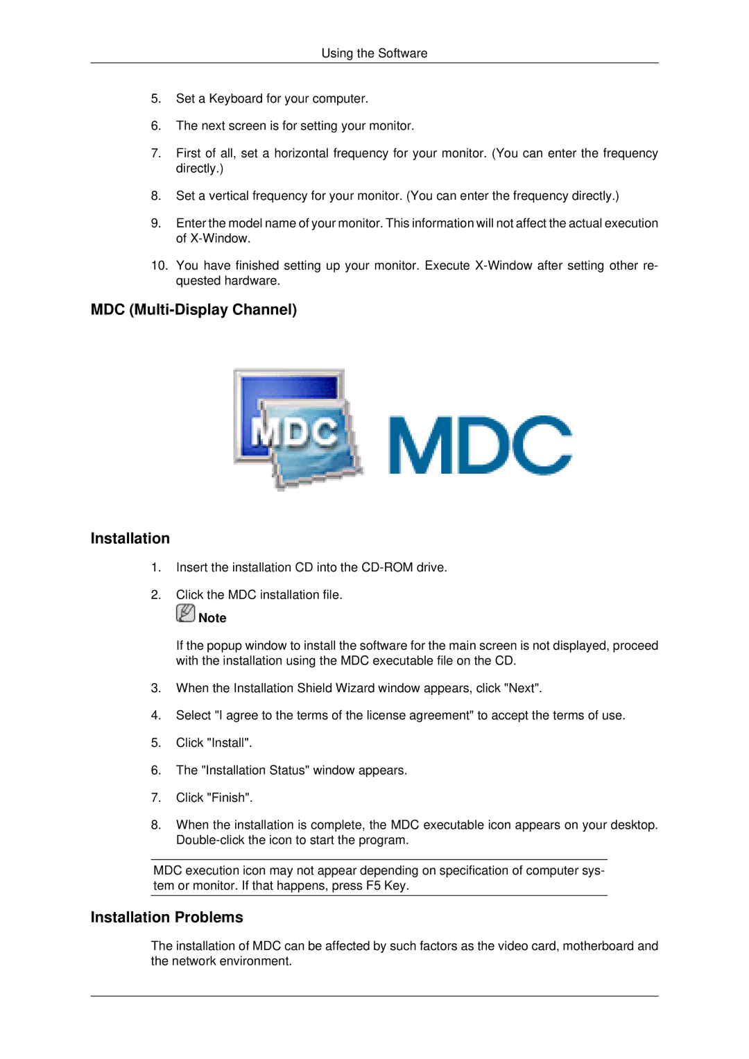 Samsung 400UXN-2, 460UX-2, 460UXN-2, 400UX-2 user manual MDC Multi-Display Channel Installation, Installation Problems 