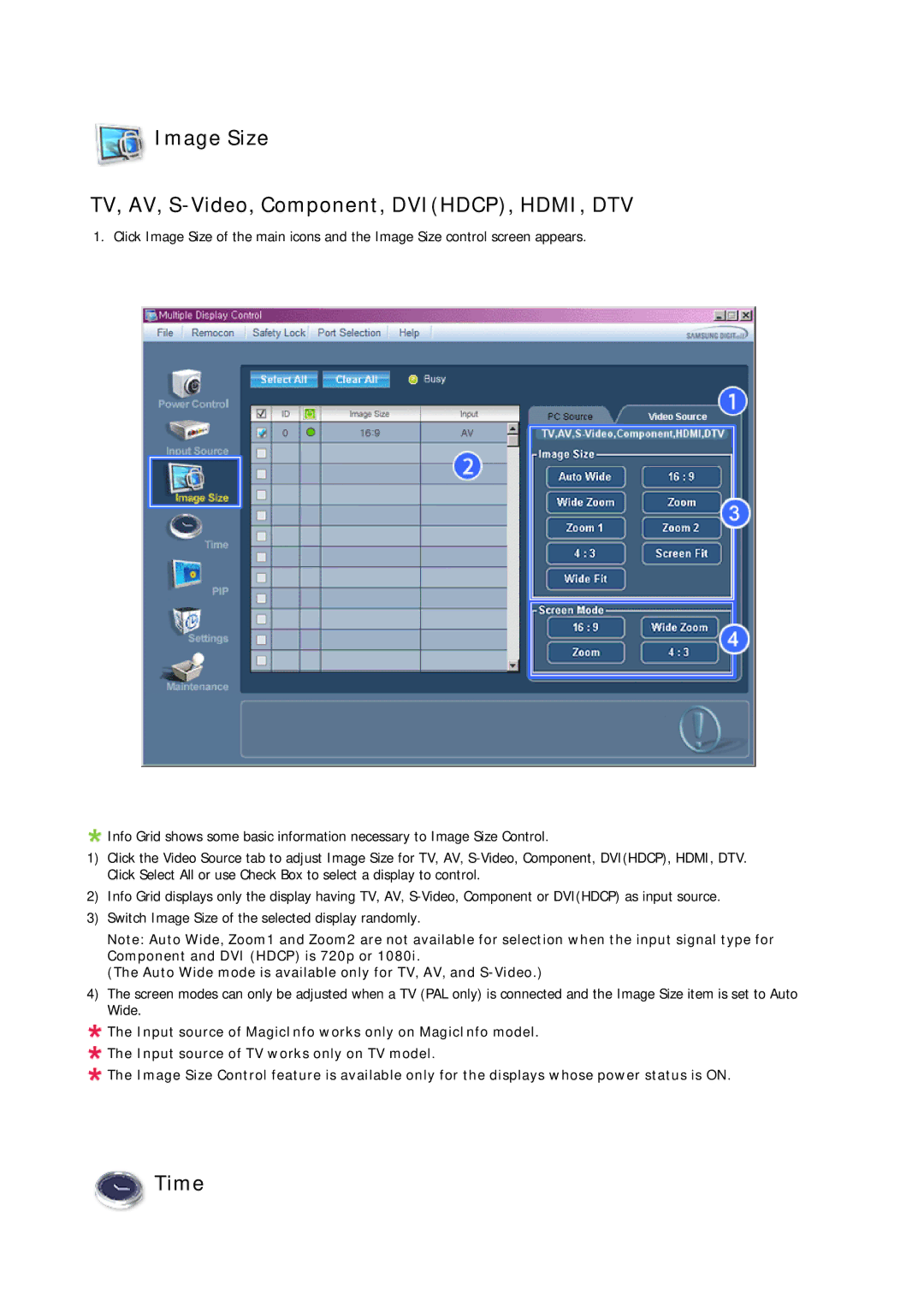 Samsung 460UXN-2, 460UX-2, 400UX-2, 400UXN-2 user manual Image Size TV, AV, S-Video, Component, DVIHDCP, HDMI, DTV, Time 