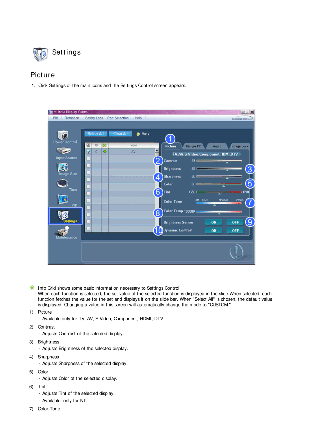 Samsung 460UXN-2, 460UX-2, 400UX-2, 400UXN-2 user manual Settings Picture 