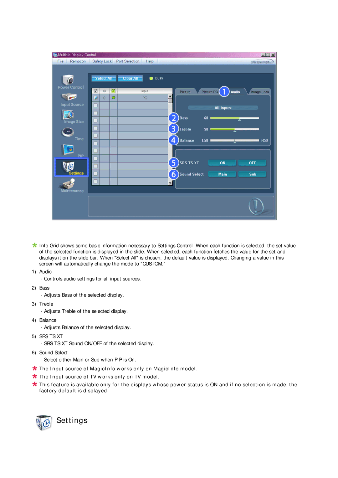 Samsung 460UX-2, 460UXN-2, 400UX-2, 400UXN-2 user manual Settings, Srs Ts Xt 