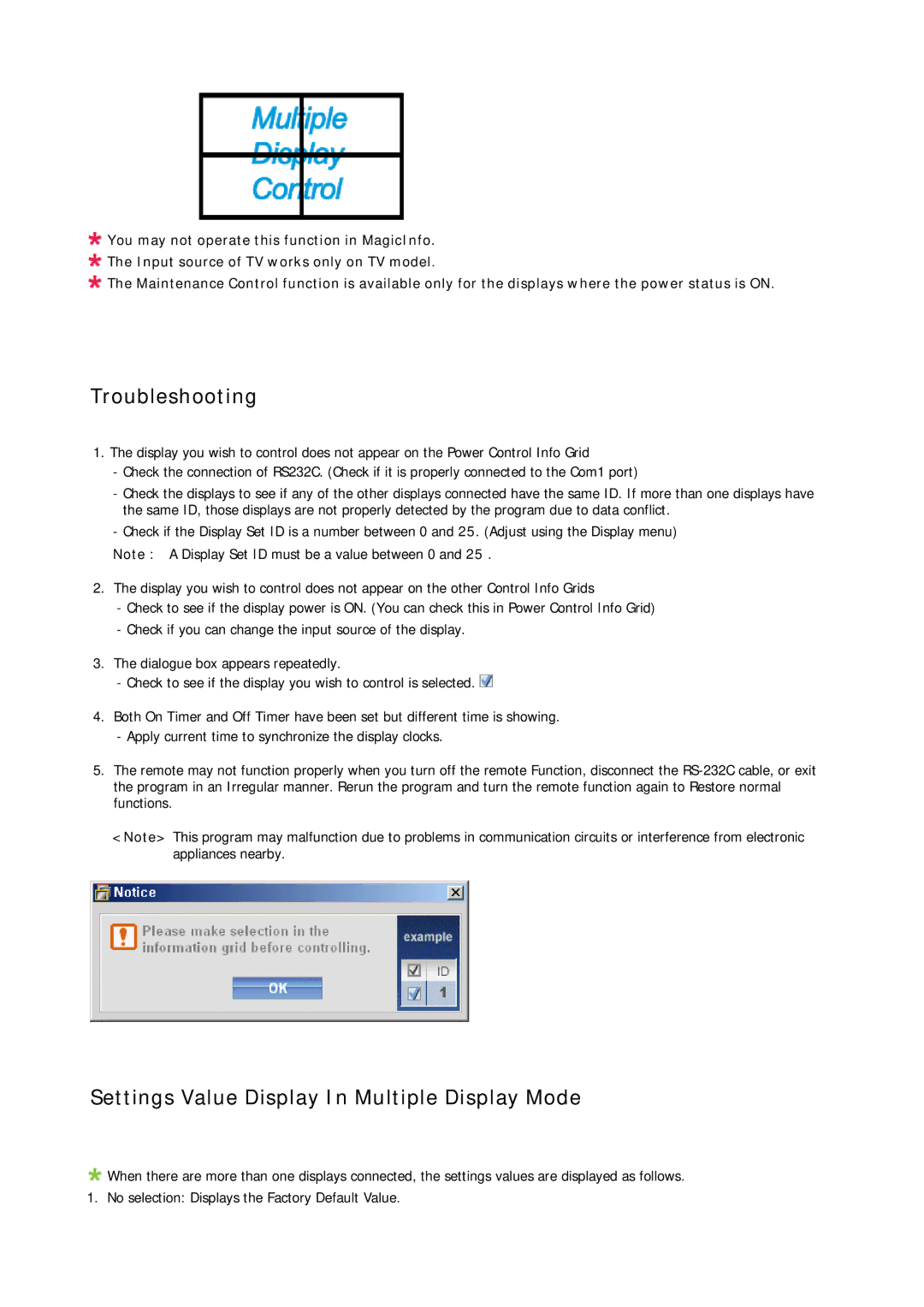 Samsung 460UXN-2, 460UX-2, 400UX-2, 400UXN-2 user manual Troubleshooting, Settings Value Display In Multiple Display Mode 