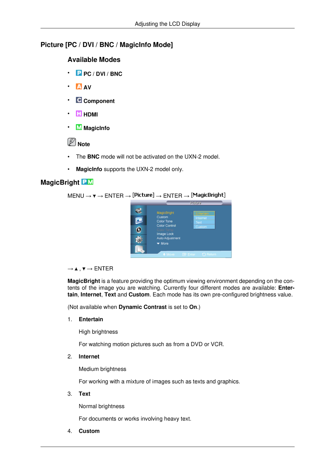 Samsung 400UXN-2, 460UX-2, 460UXN-2, 400UX-2 user manual Picture PC / DVI / BNC / MagicInfo Mode Available Modes, MagicBright 