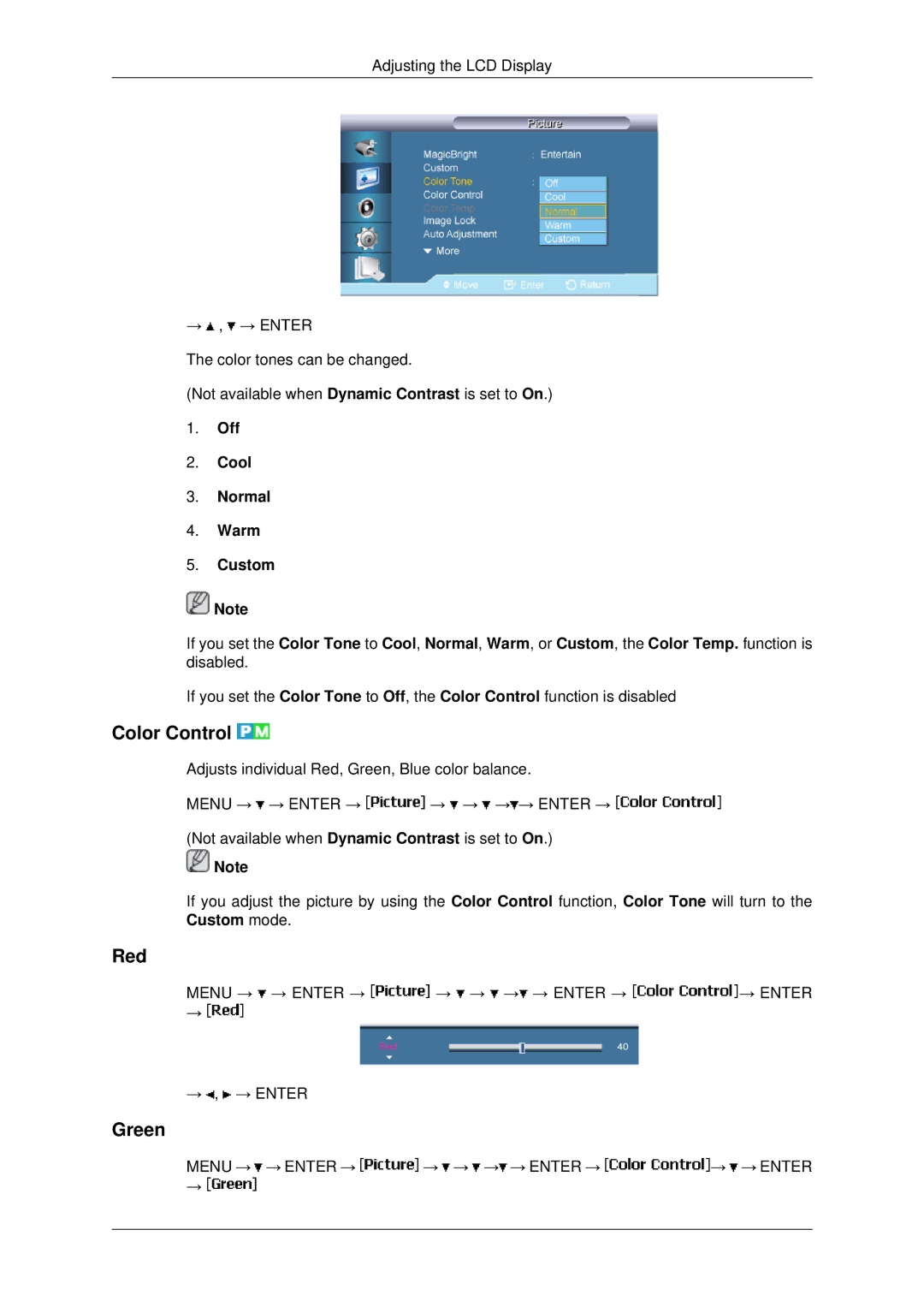 Samsung 460UXN-2, 460UX-2, 400UX-2, 400UXN-2 user manual Color Control, Red, Green, Off Cool Normal Warm Custom 