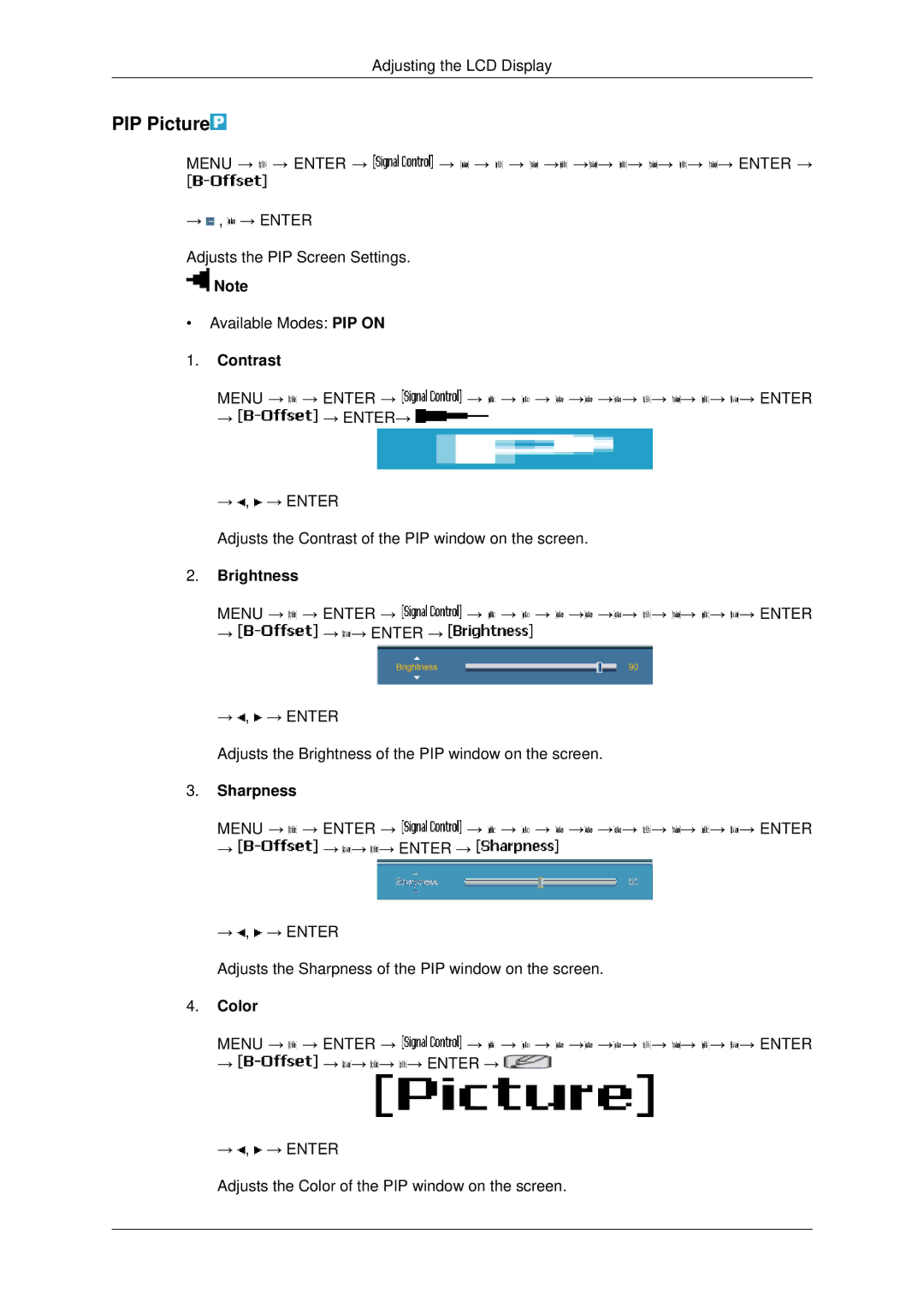 Samsung 400UX-2, 460UX-2, 460UXN-2, 400UXN-2 user manual PIP Picture, Contrast, Brightness, Sharpness, Color 