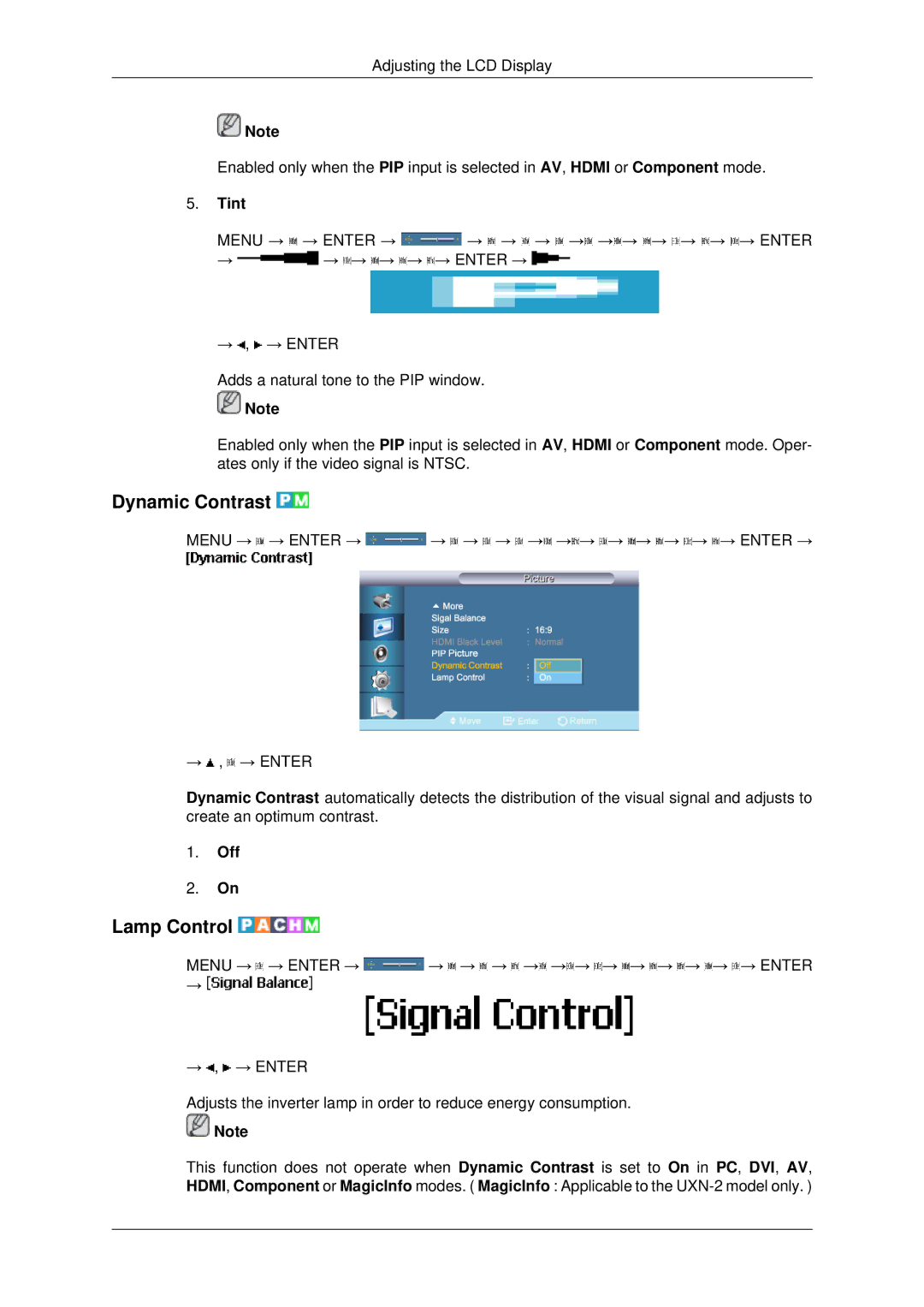 Samsung 400UXN-2, 460UX-2, 460UXN-2, 400UX-2 user manual Dynamic Contrast, Lamp Control, Tint 