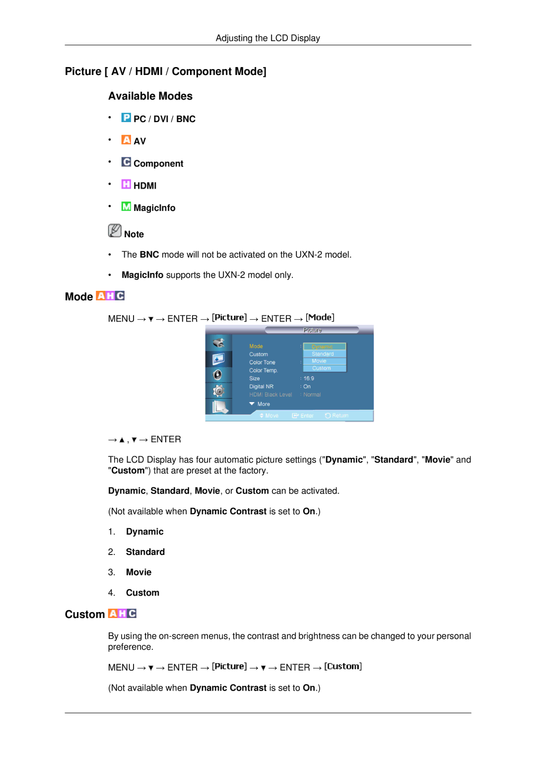 Samsung 460UX-2, 460UXN-2, 400UX-2, 400UXN-2 user manual Picture AV / Hdmi / Component Mode Available Modes 