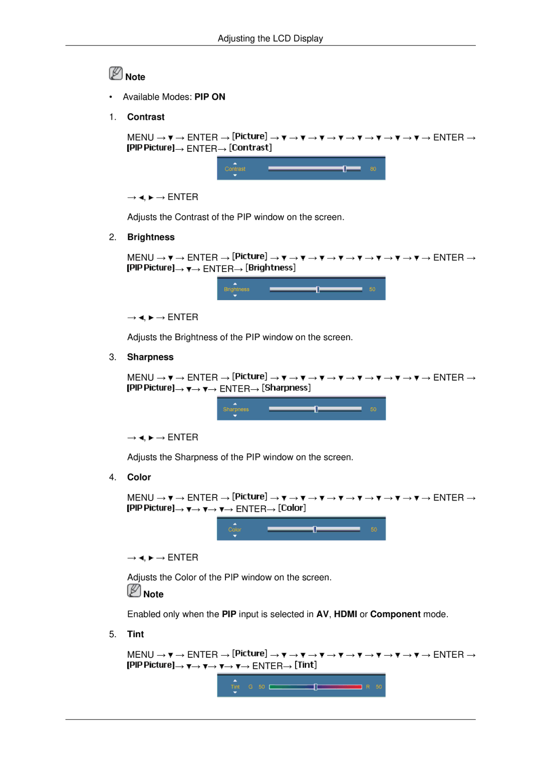 Samsung 460UXN-2, 460UX-2, 400UX-2, 400UXN-2 user manual Adjusting the LCD Display Available Modes PIP on 