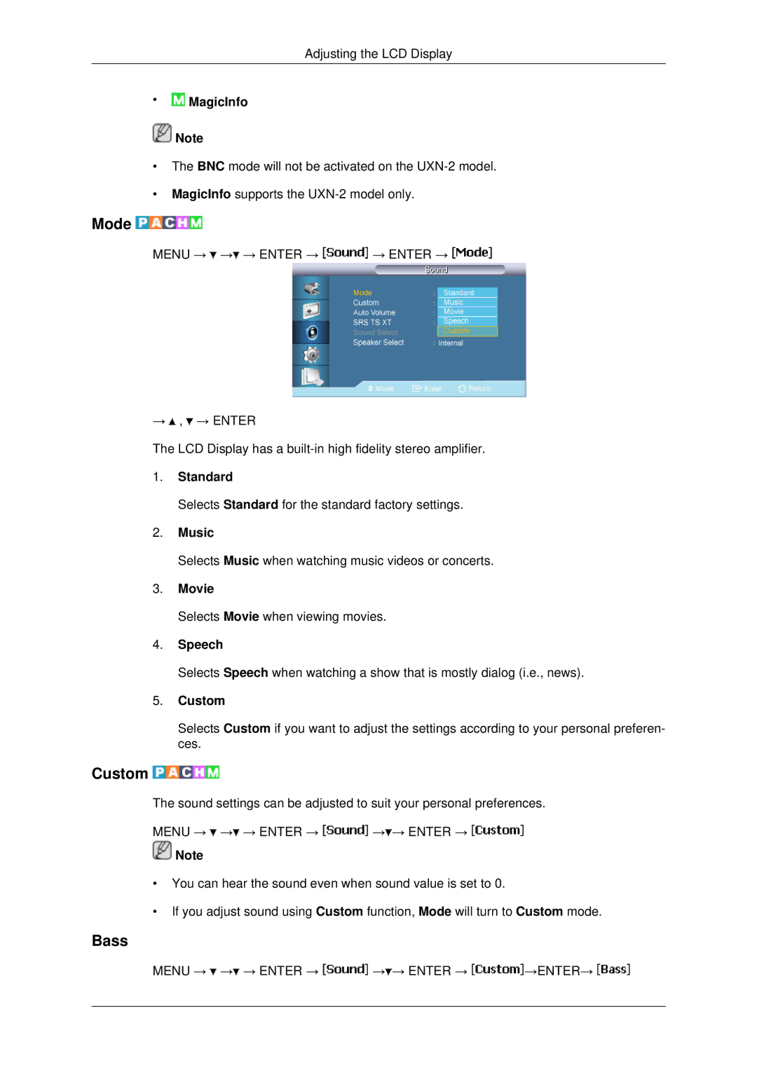 Samsung 400UXN-2, 460UX-2, 460UXN-2, 400UX-2 user manual Bass, Standard, Music, Movie, Speech 