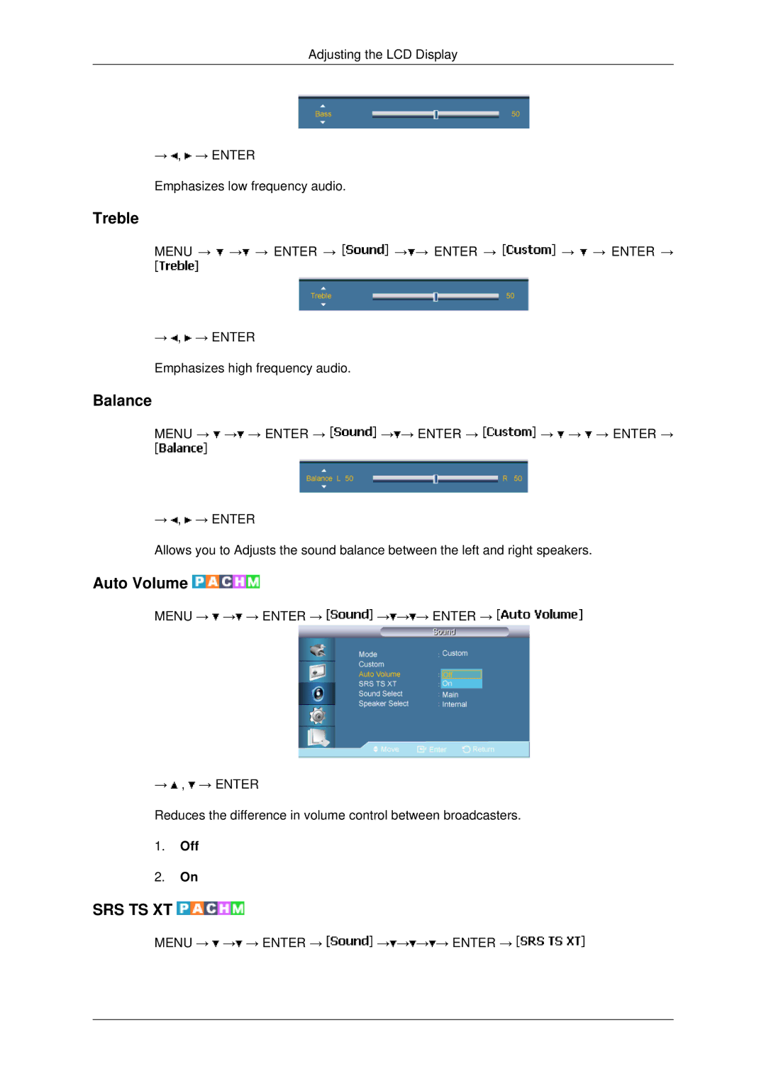 Samsung 460UX-2, 460UXN-2, 400UX-2, 400UXN-2 user manual Treble, Balance, Auto Volume 