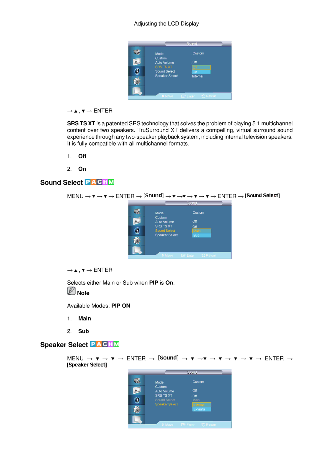 Samsung 460UXN-2, 460UX-2, 400UX-2, 400UXN-2 user manual Sound Select, Speaker Select, Main Sub 