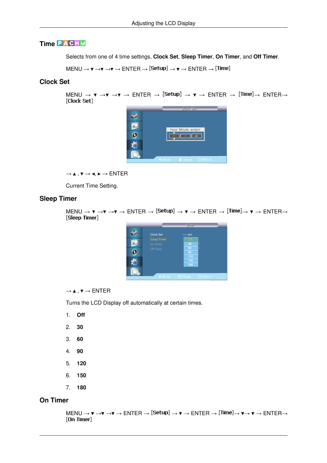 Samsung 400UXN-2, 460UX-2, 460UXN-2, 400UX-2 user manual Clock Set, Sleep Timer, On Timer 