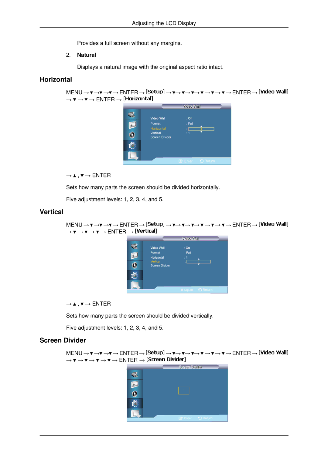 Samsung 400UXN-2, 460UX-2, 460UXN-2, 400UX-2 user manual Horizontal, Vertical, Screen Divider, Natural 