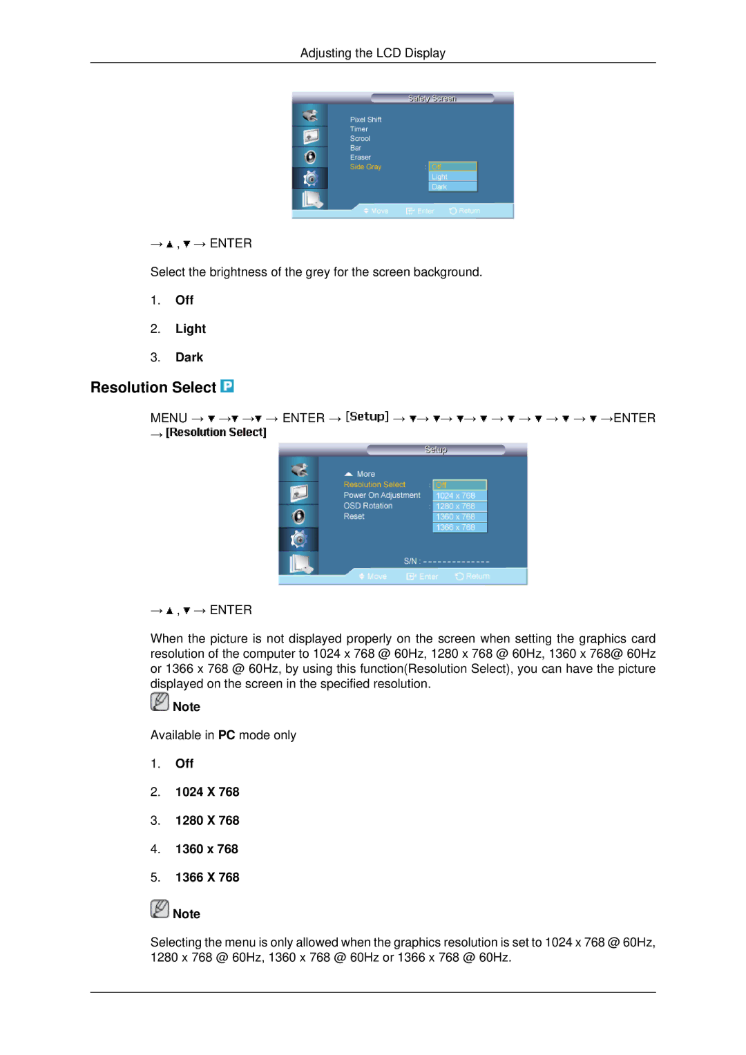 Samsung 460UX-2, 460UXN-2, 400UX-2, 400UXN-2 user manual Resolution Select, Off Light Dark, Off 1024 X 1280 X 1360 x 1366 X 