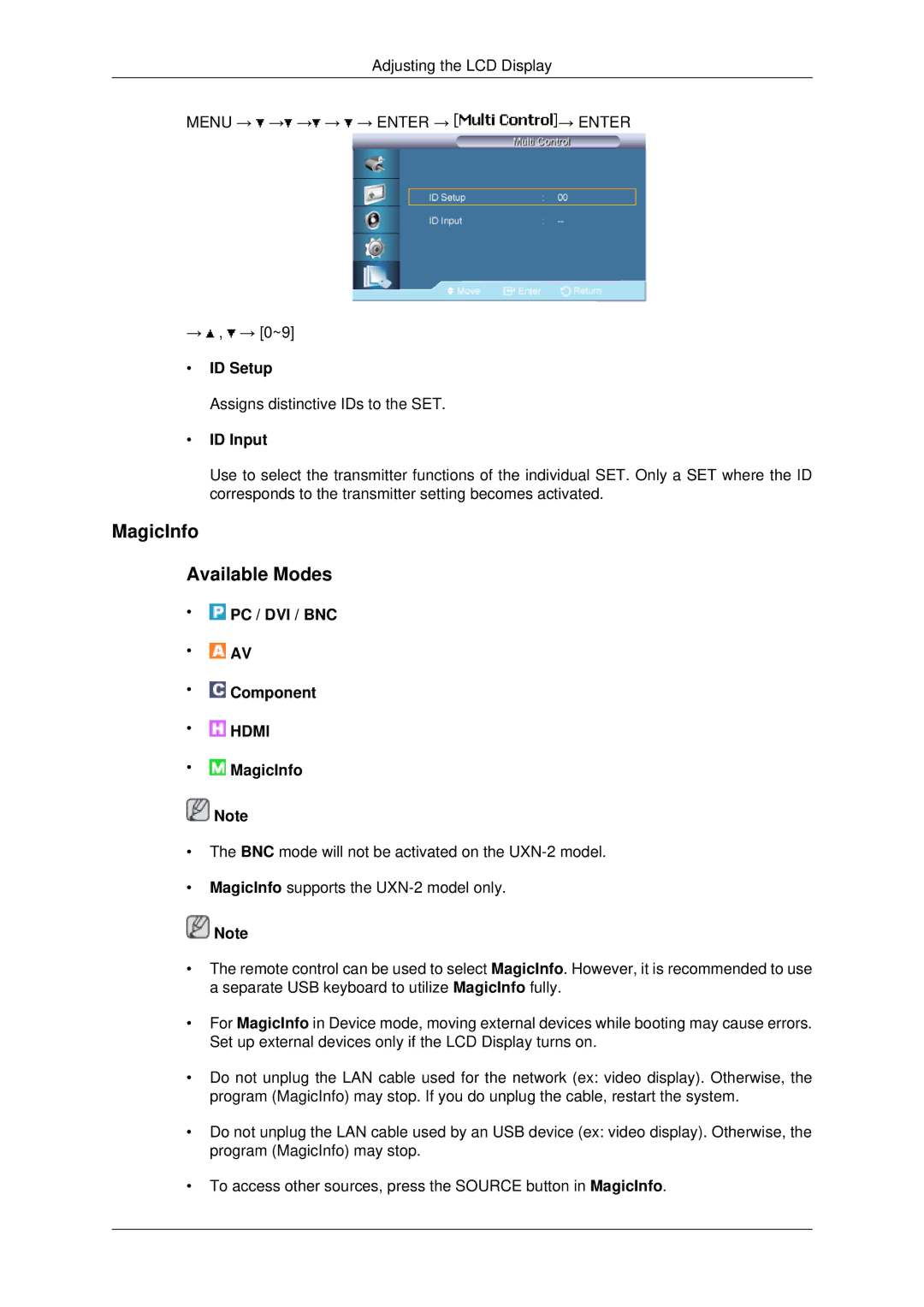 Samsung 400UXN-2, 460UX-2, 460UXN-2, 400UX-2 user manual MagicInfo Available Modes, ID Setup, ID Input 