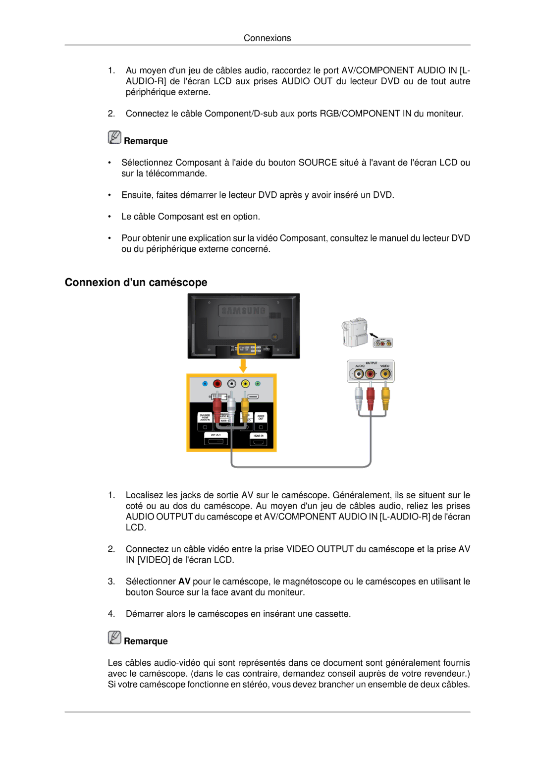 Samsung 400UX-2, 460UX-2, 460UXN-2, 400UXN-2 quick start Connexion dun caméscope 