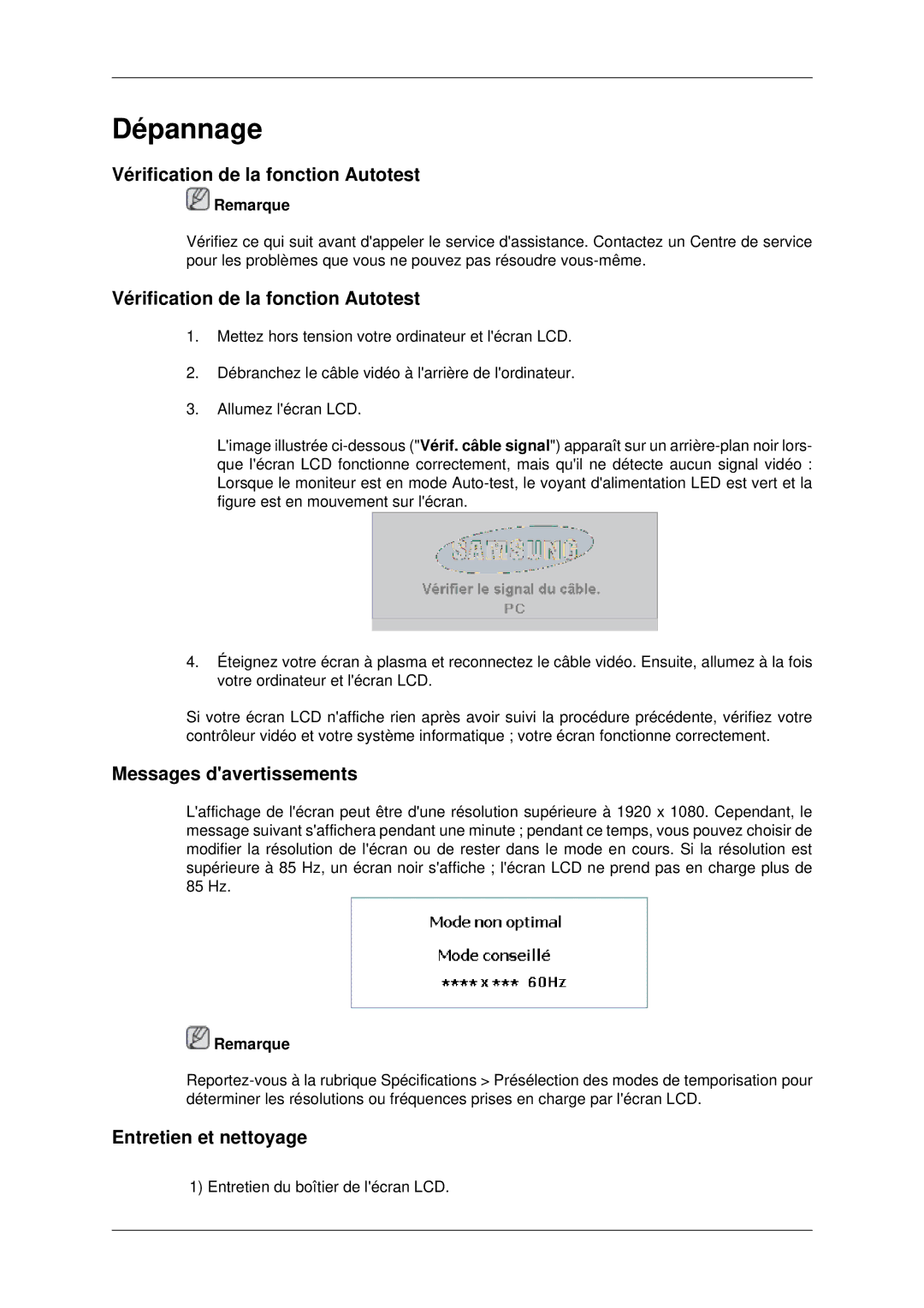 Samsung 460UX-2, 460UXN-2, 400UX-2 Vérification de la fonction Autotest, Messages davertissements, Entretien et nettoyage 