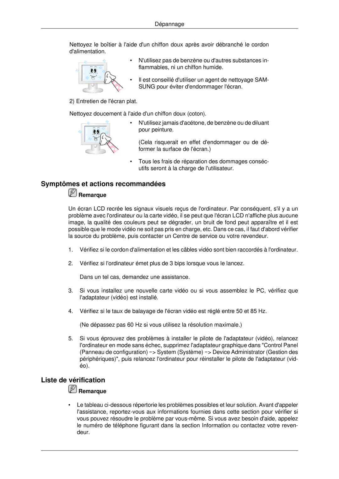 Samsung 460UXN-2, 460UX-2, 400UX-2, 400UXN-2 quick start Symptômes et actions recommandées, Liste de vérification 