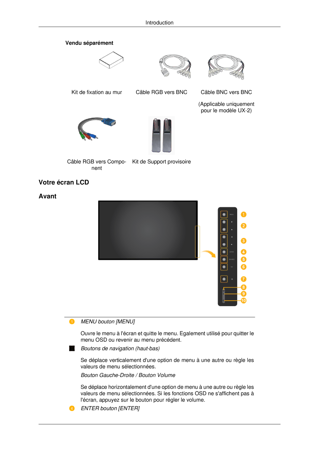 Samsung 460UX-2, 460UXN-2 Votre écran LCD Avant, Menu bouton Menu, Boutons de navigation haut-bas, Enter bouton Enter 