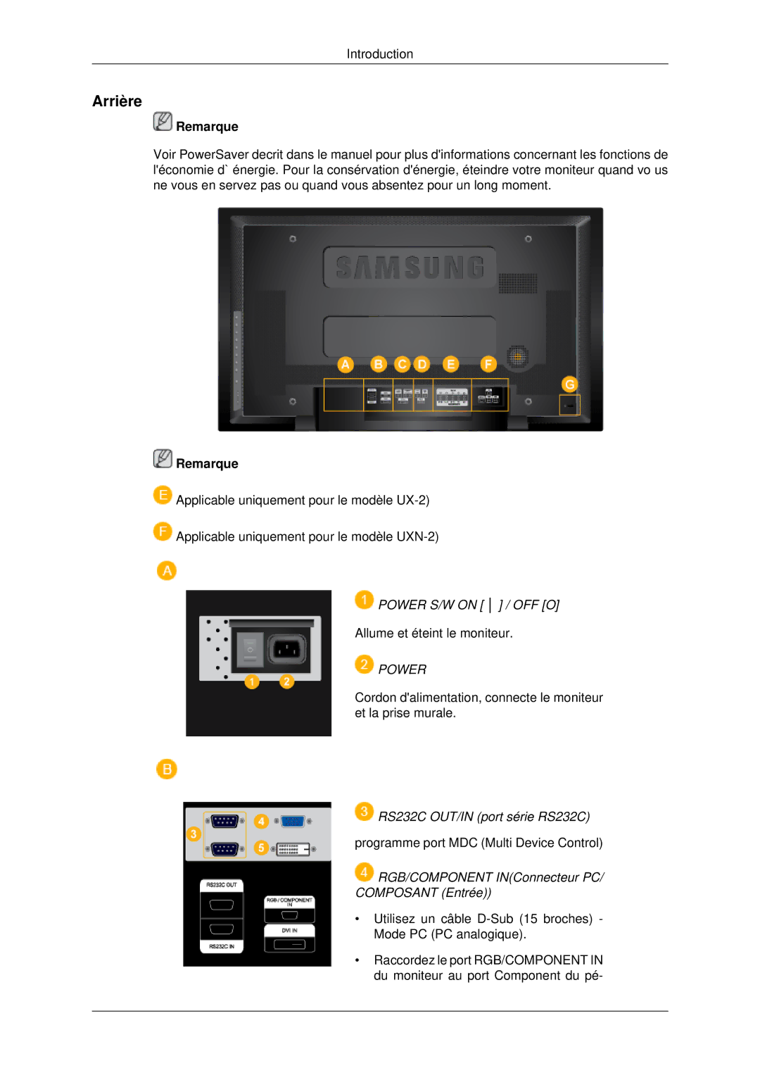 Samsung 400UX-2, 460UX-2, 460UXN-2, 400UXN-2 quick start Arrière, Power S/W on / OFF O, RS232C OUT/IN port série RS232C 