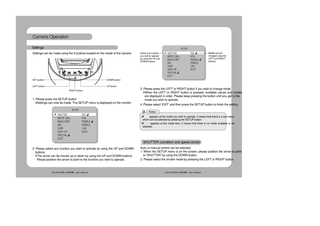 Samsung 46C user manual Settings, Shutter condition and speed control 