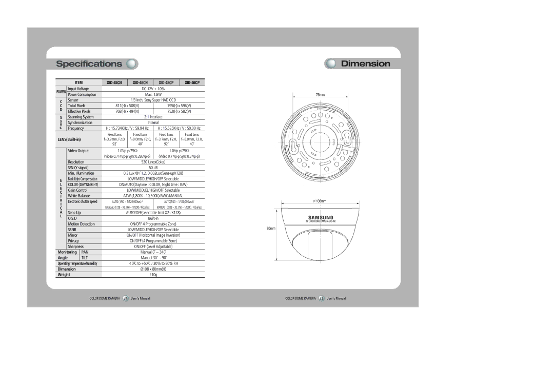 Samsung 46C user manual Specifications Dimension, LENSBuilt-in 