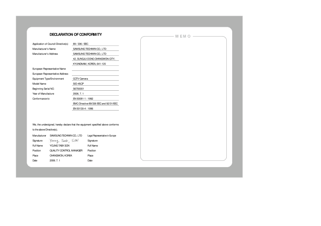 Samsung 46C user manual Declaration of Conformity 